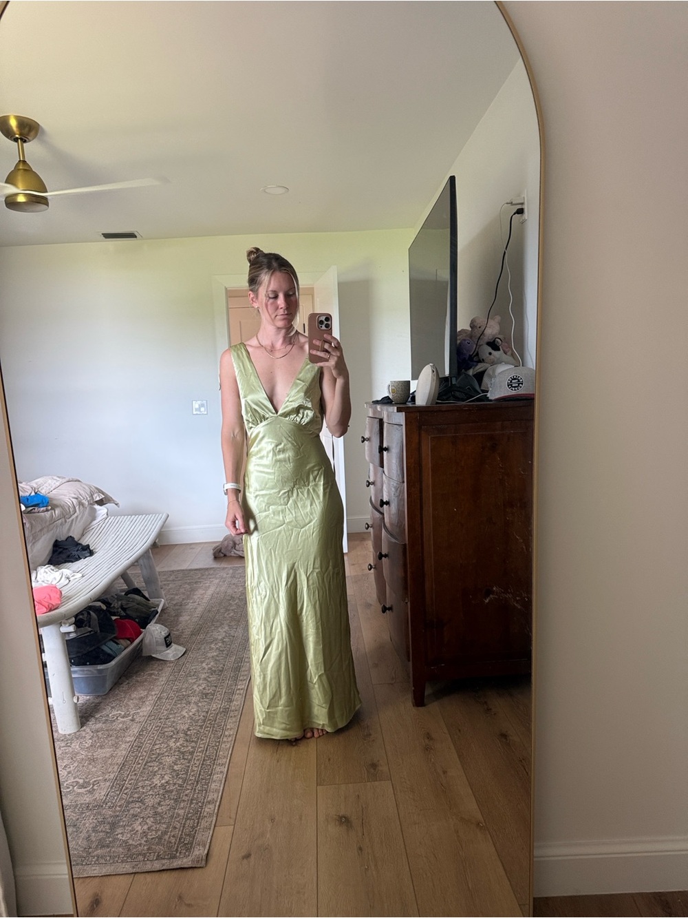 Elegant Green Satin V-Neck Maxi Dress - Women